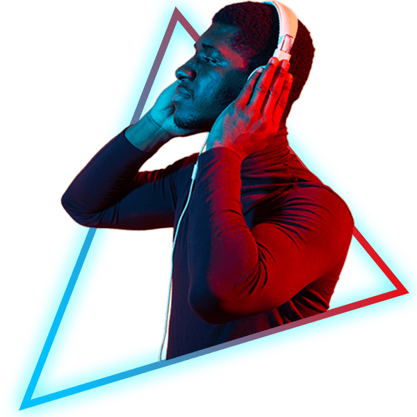 DJ with headphones in neon triangle — BLASK Productions