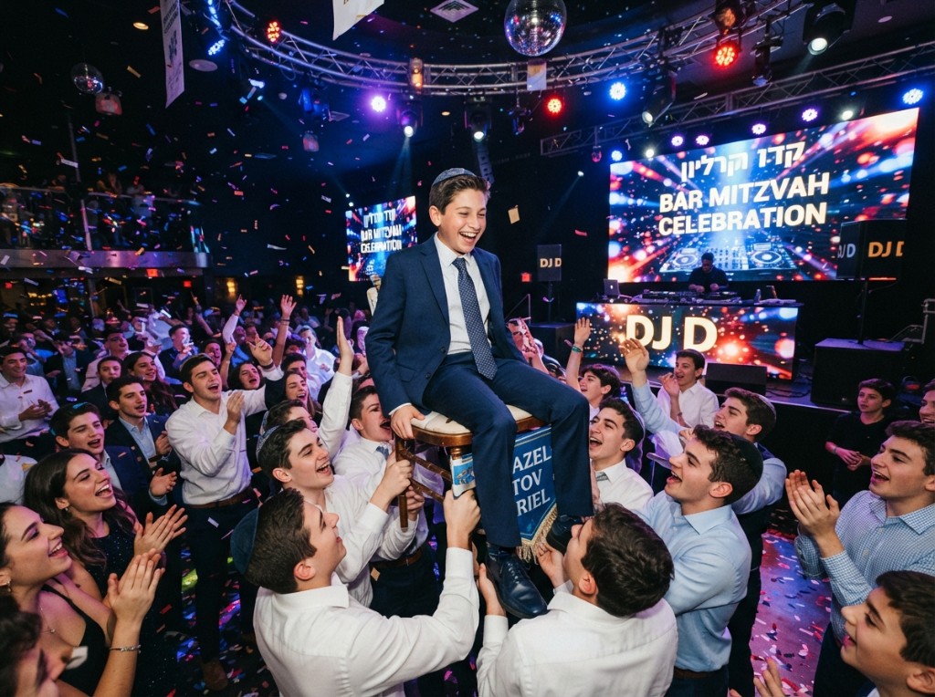 Bar mitzvah celebration with the guest of honor lifted on a chair