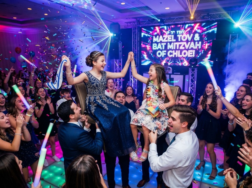 Bat mitzvah celebration with the guest of honor lifted on a chair