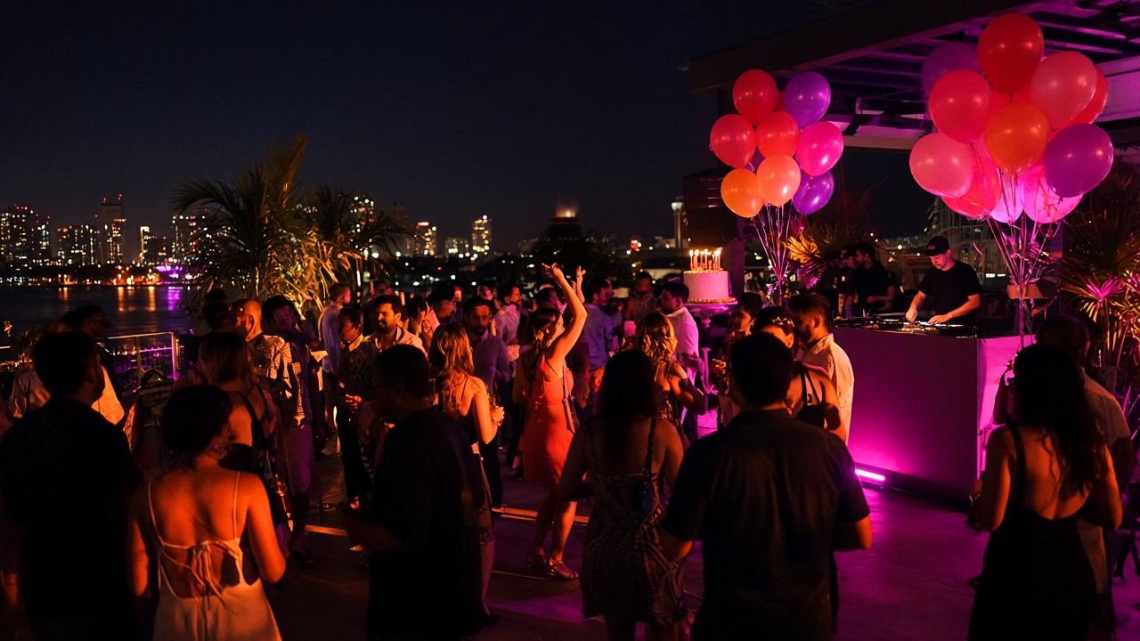 Birthday party on a rooftop with balloons, a cake, and a DJ