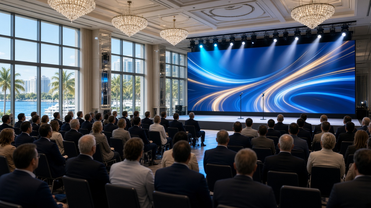 Bright cyan stage wash and LED wall at a modern corporate event