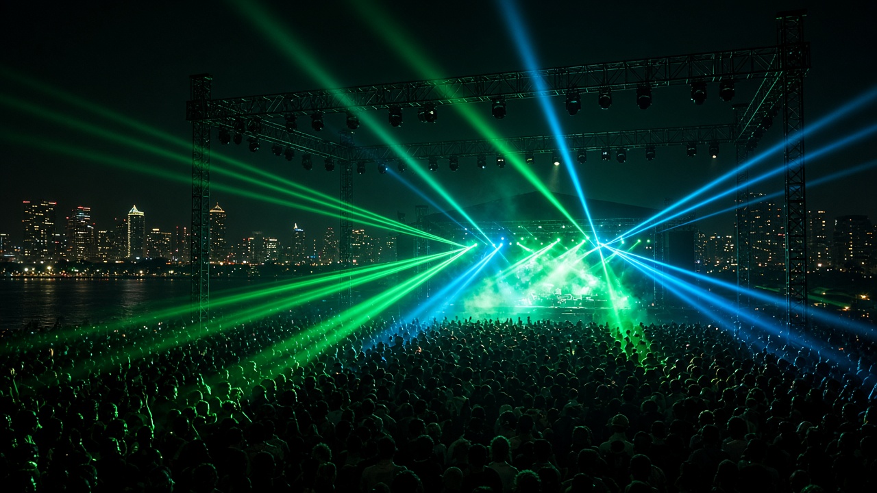 Emerald and cyan beams over a waterfront festival crowd at night