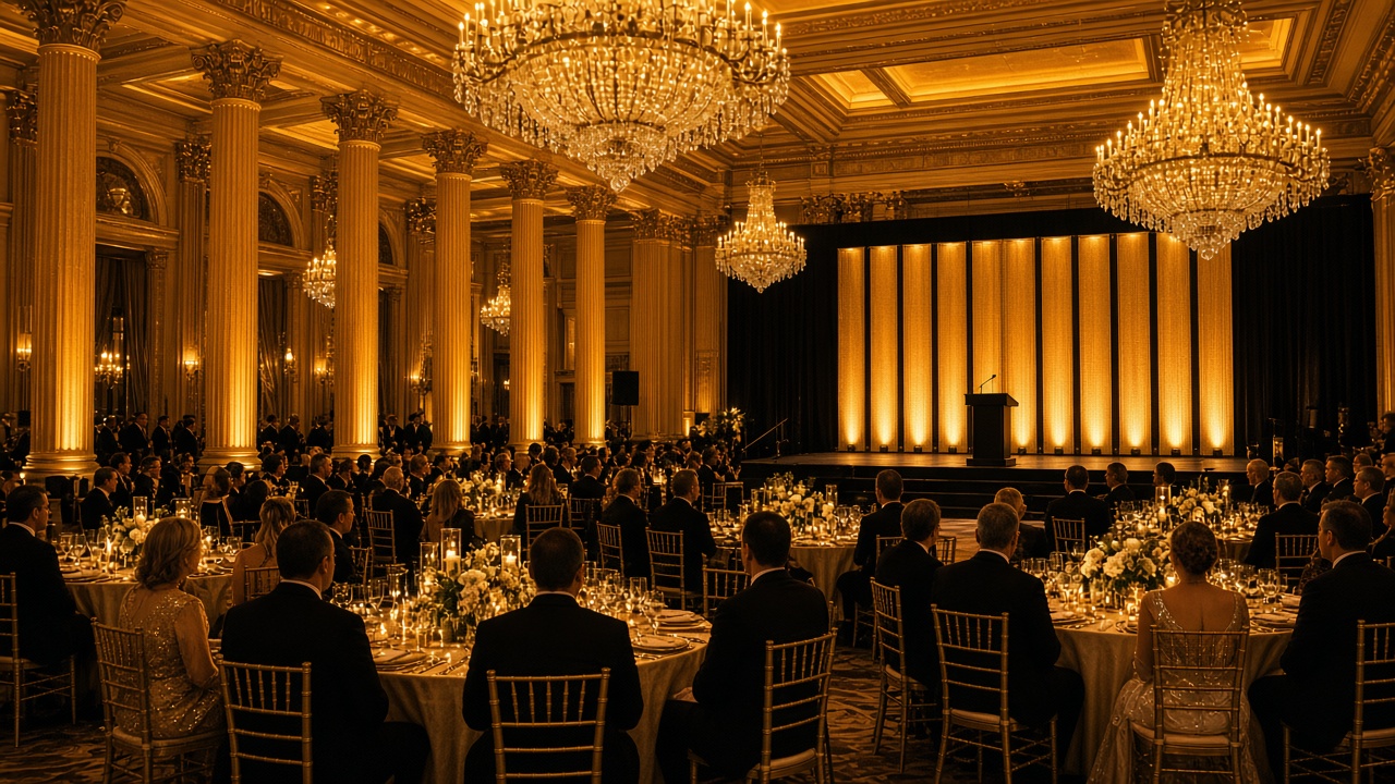Gold uplighting and chandeliers in a luxury gala ballroom