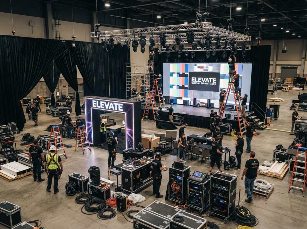Crew building a stage, LED wall, and lighting truss for a custom event