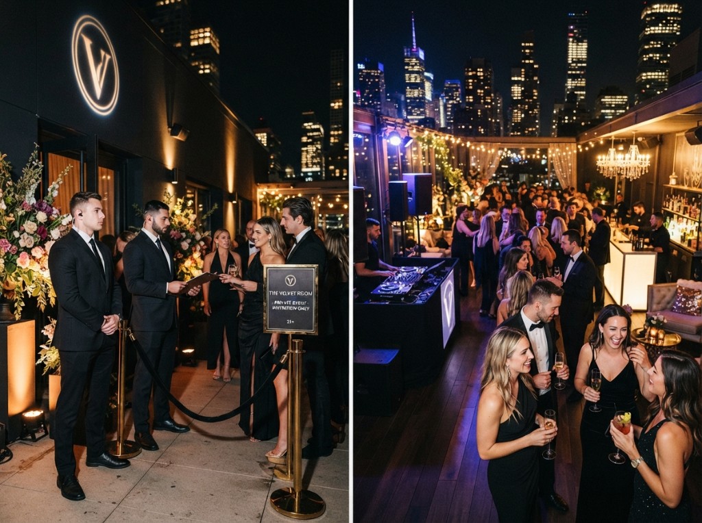Black-tie rooftop private celebration with a city skyline and a DJ