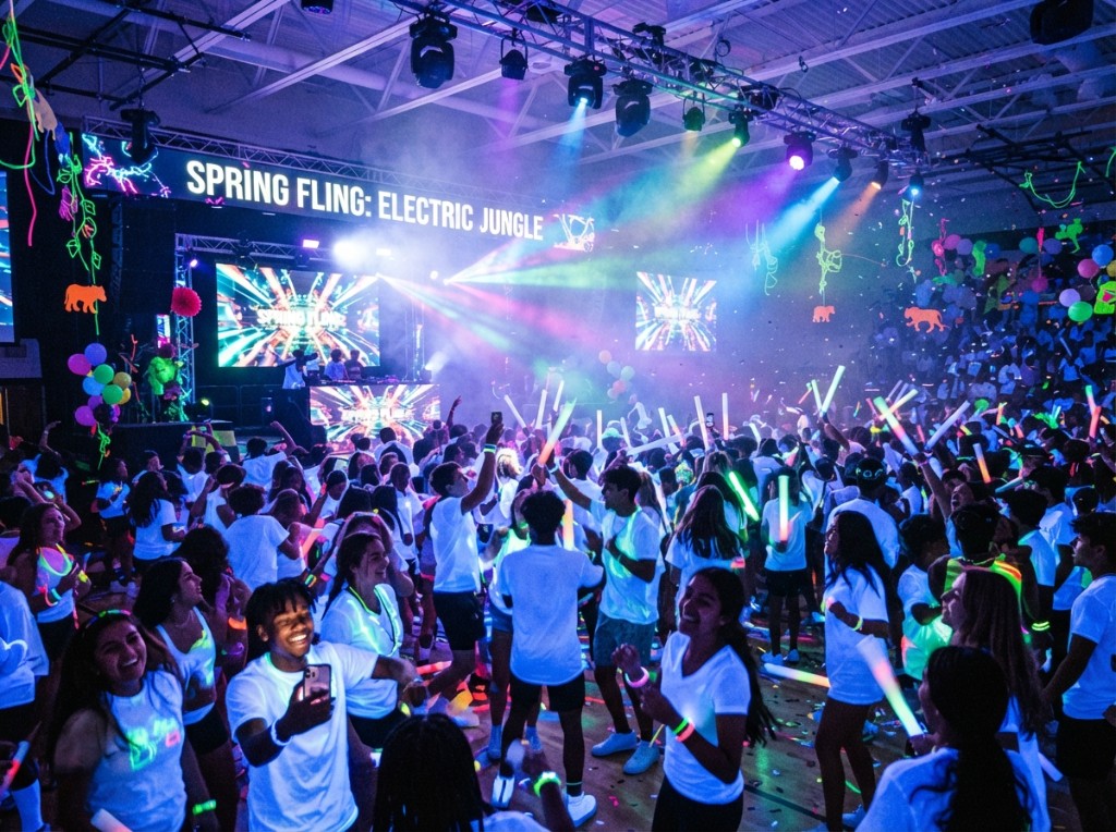 Neon school dance in a gym with glow sticks and a packed dance floor