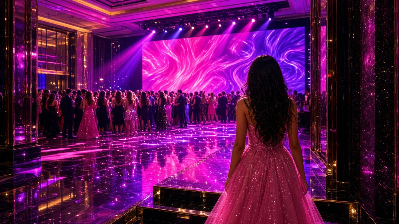 Hot pink and violet lighting at a Sweet 16 party entrance