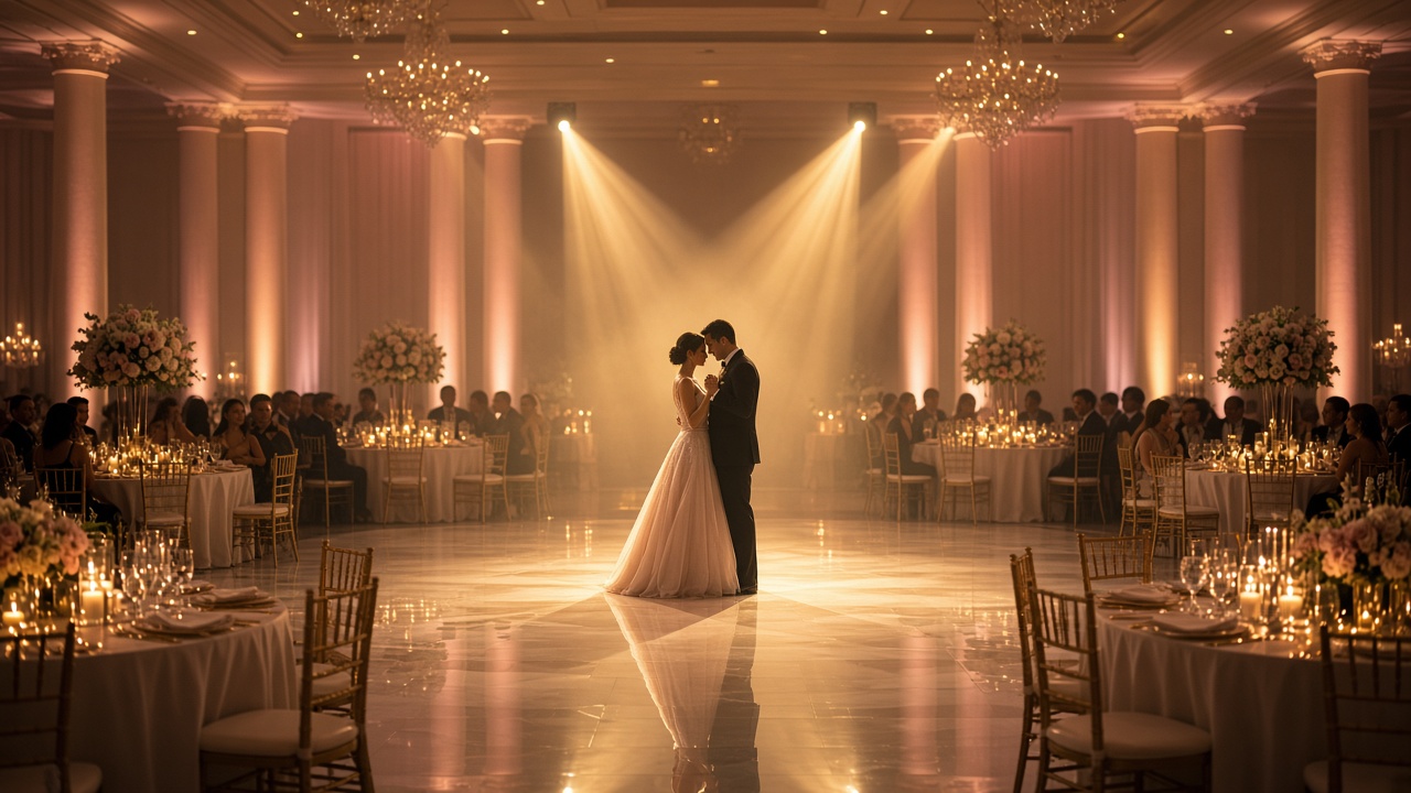 Warm gold and rose wedding reception with uplighting and a first dance on a glossy floor