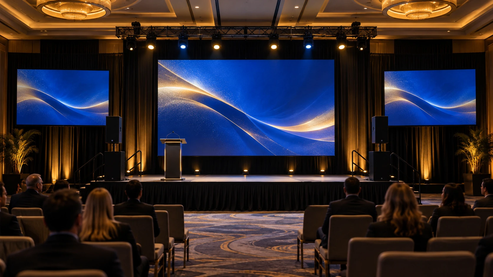 Illustration of corporate stage, screens, lighting and sound