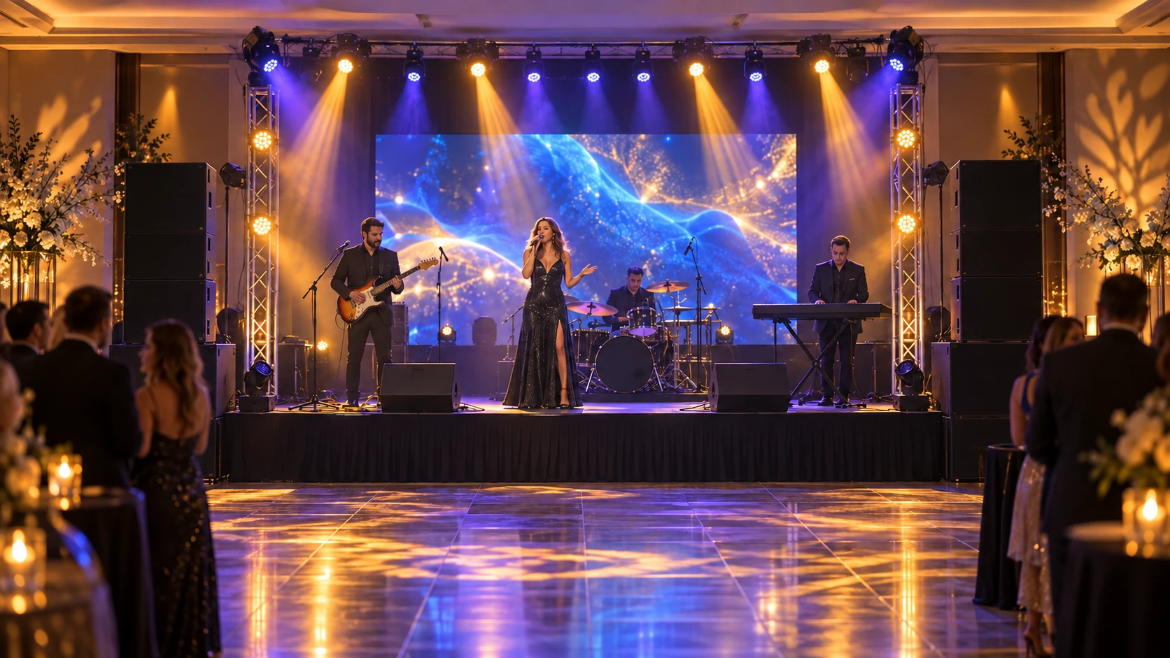 Illustration of live band, lighting, screen and stage production