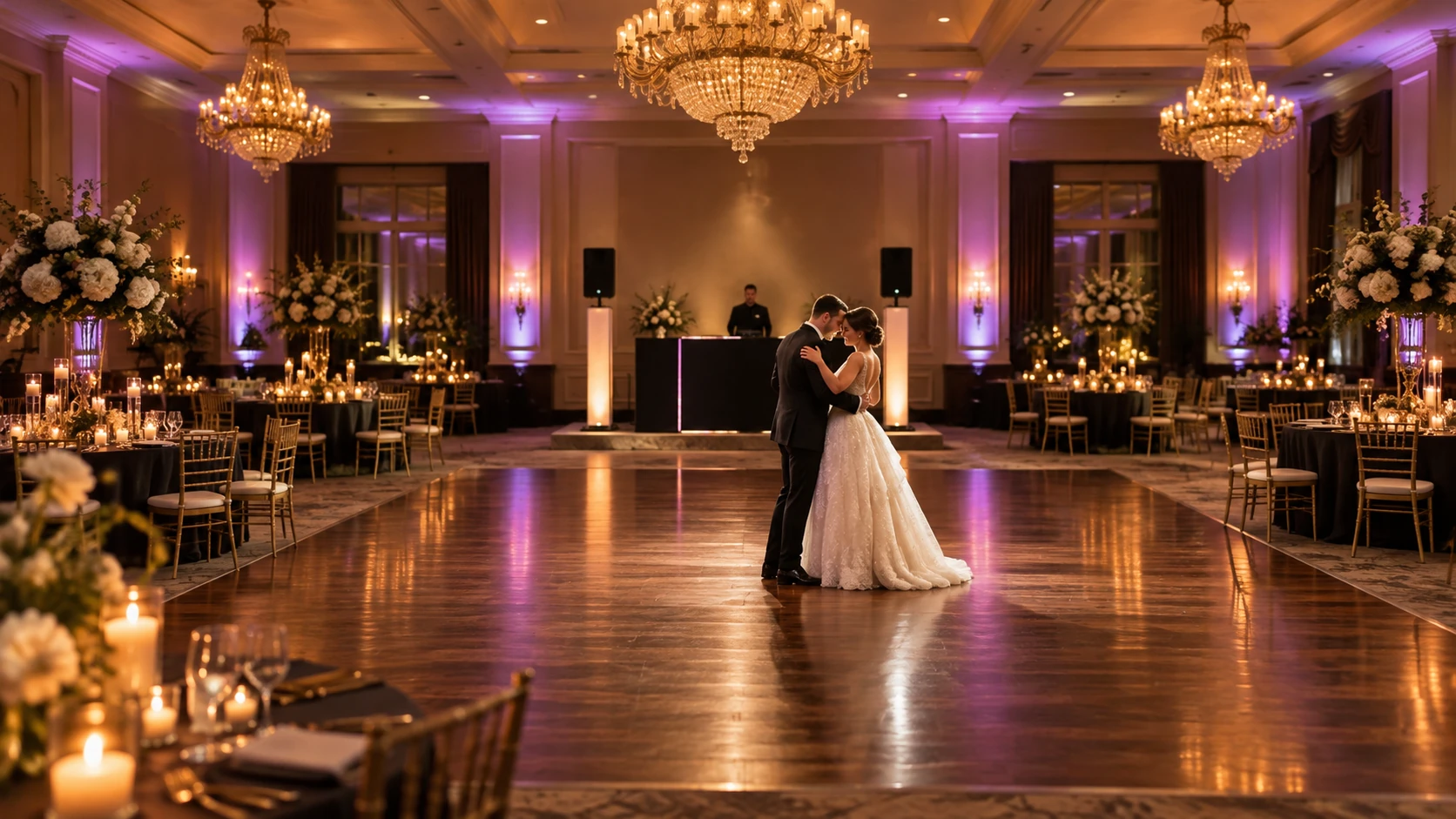 Illustration of wedding reception production and first dance
