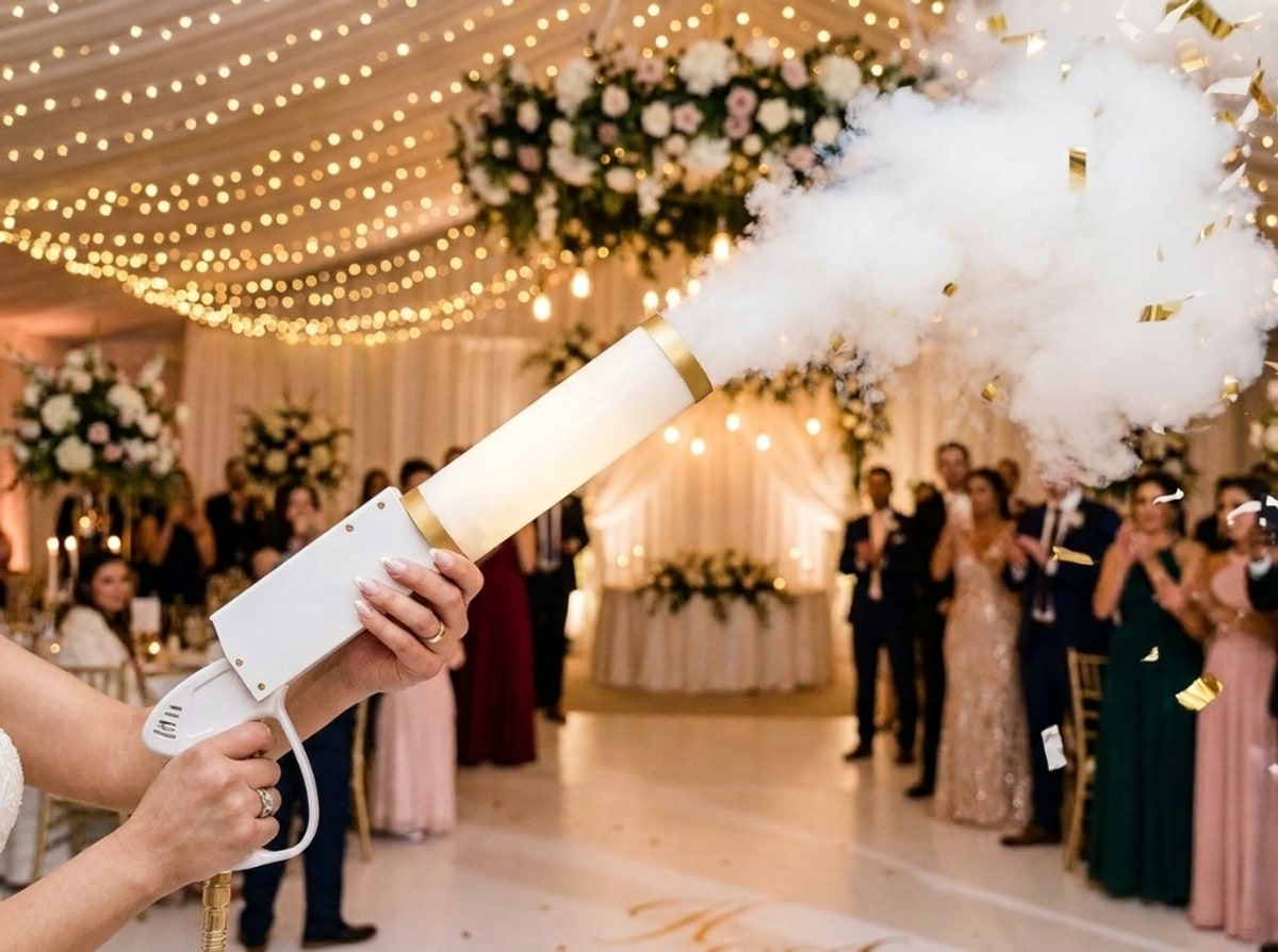 Handheld CO2 confetti cannon firing gold confetti at a wedding reception