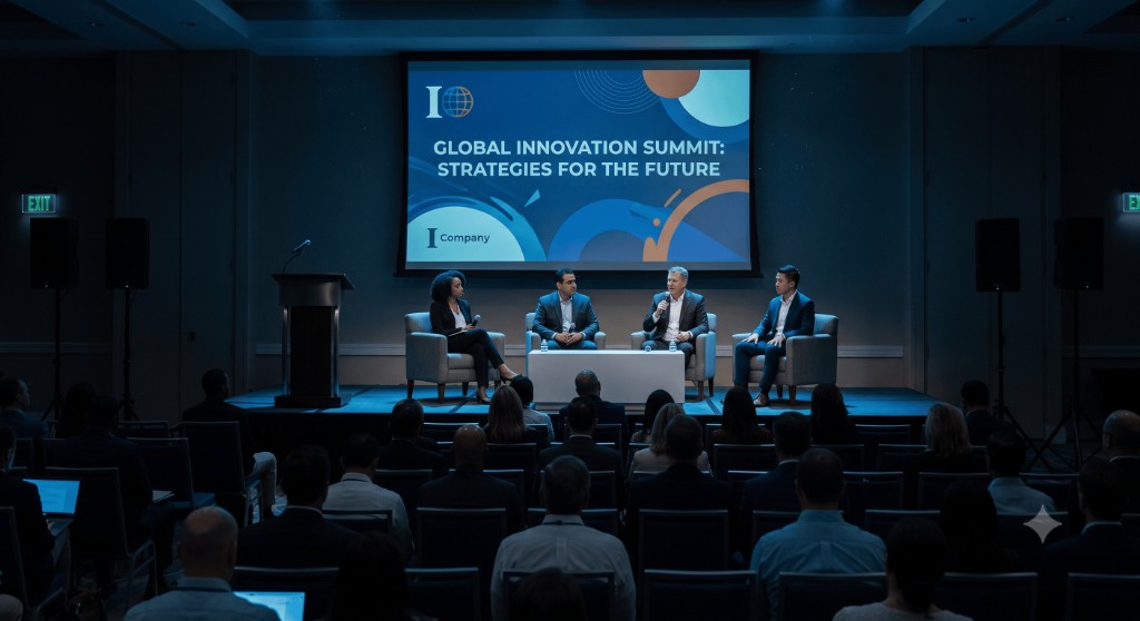 Corporate conference panel stage with screen and wireless microphones