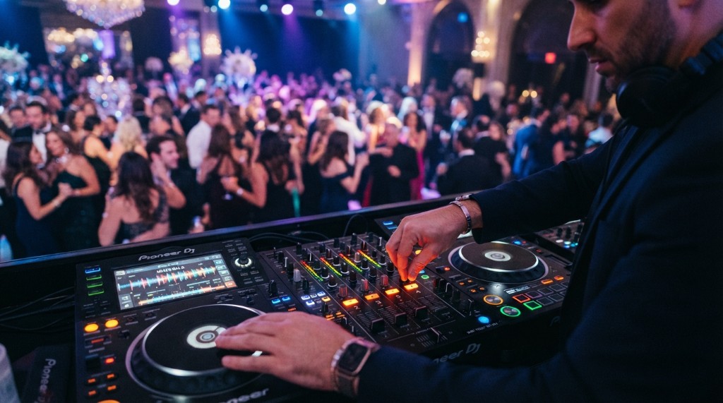 Professional DJ mixing on Pioneer decks at a live Miami event
