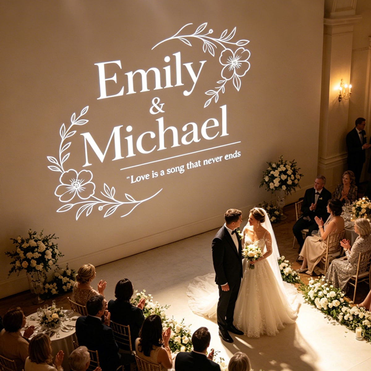 Custom gobo projection of couple names and floral monogram on a wedding ballroom wall
