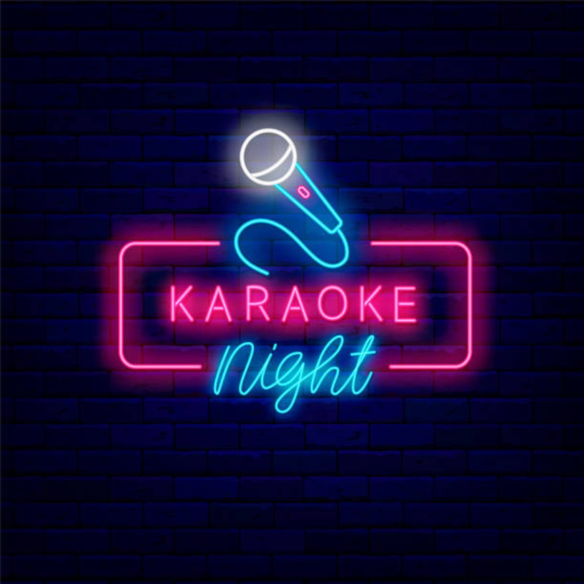 Neon Karaoke Night microphone sign glowing on a brick wall