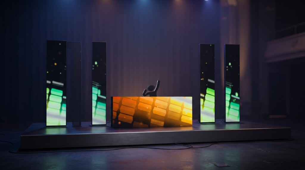 LED video wall DJ booth stage setup with vertical LED pillars