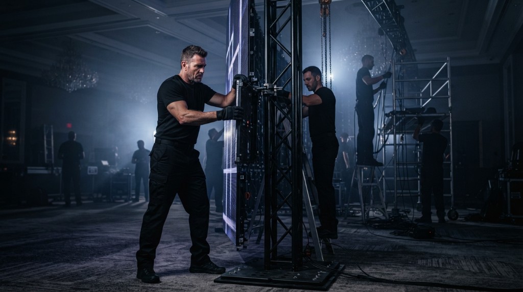 BLASK crew installing modular LED video wall panels on truss in a ballroom