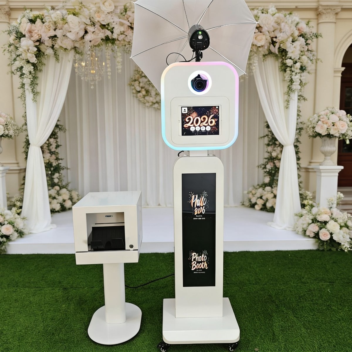 White digital photo booth with printer and floral backdrop at a luxury event