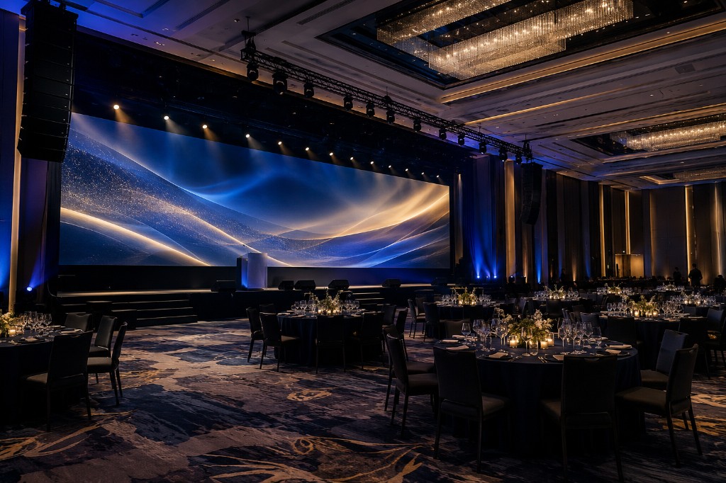 Corporate gala ballroom with large LED screen backdrop, flown line arrays, and stage lighting