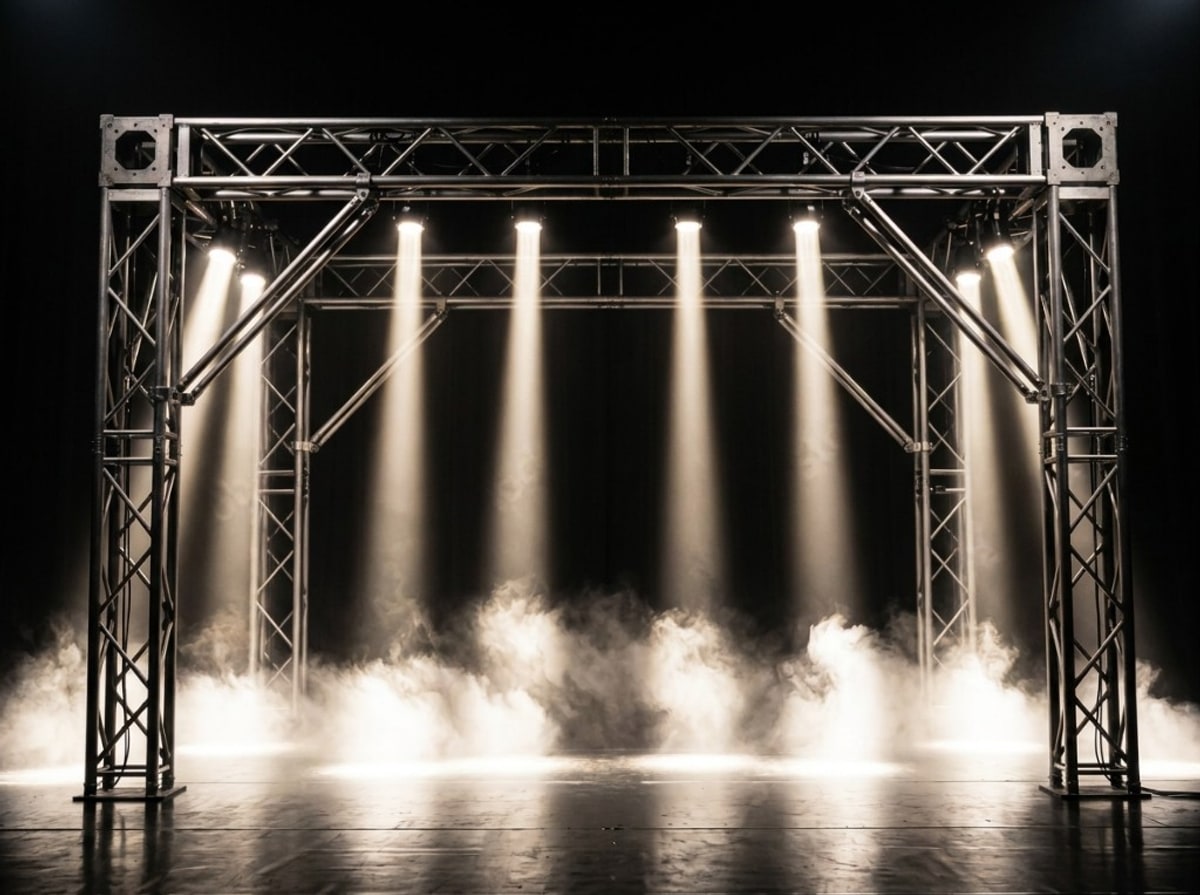 Silver stage truss with warm spotlights beaming through haze onto the floor